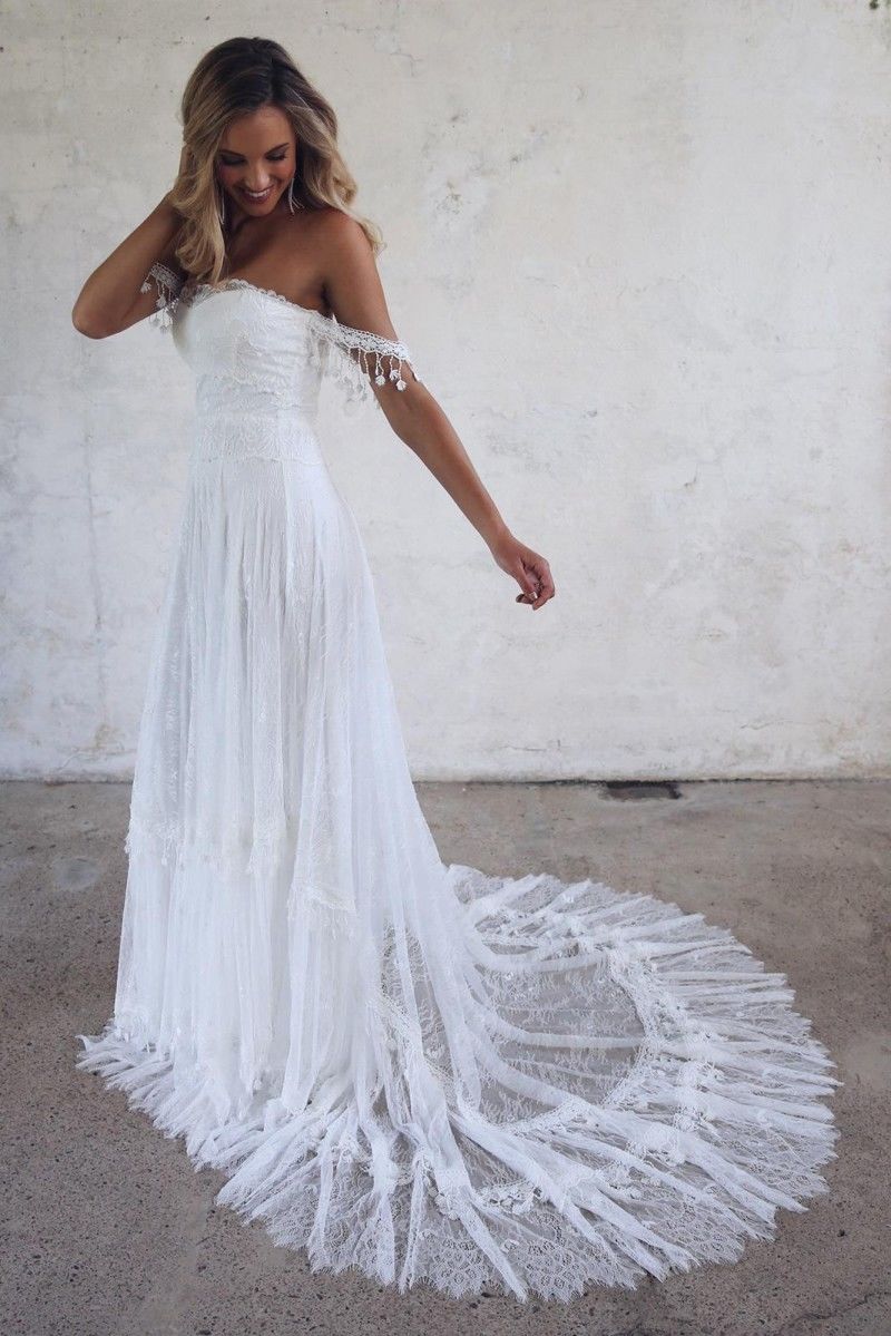 Bohemian Summer Beach Wedding Dresses Off The Shoulder Lace Boho Bridal Gowns Vintage French vestido de noiva Wedding Dress