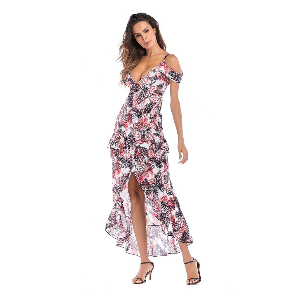 Women V Neck Party Dress 2019 Summer Casual Slip Dresses Split Vintage Print Maxi Dress Asymmetrical