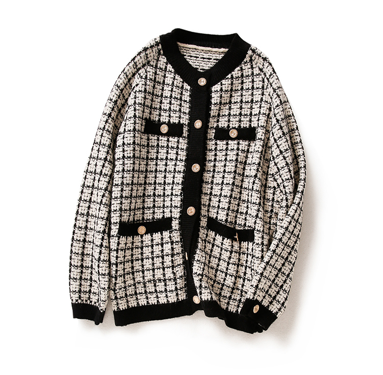 H.SA Women Elegant Sweater Cardigans Oneck Retro Vintage Knit Jackets Black White Plaid Long Cardigans Loose Tops Winter Jacket CJ191220