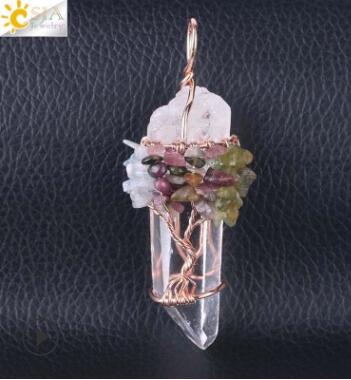 Natural White Crystal Big Pendant Reiki Chakra Tree of Life Rose Gold Color Handmade Wire Wrapped Pendant for Necklace
