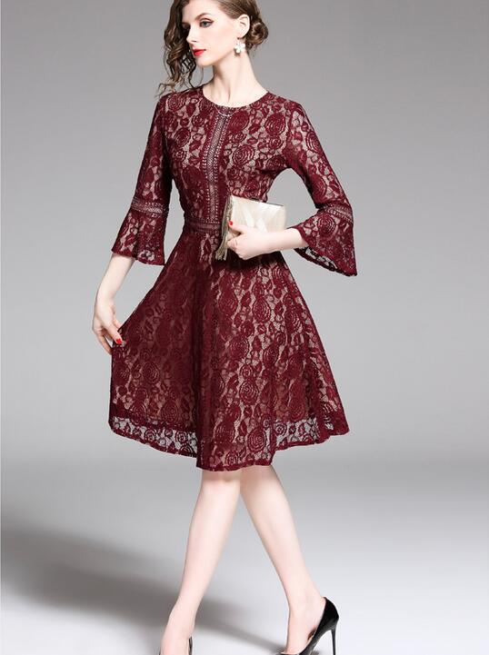 Hook flower hollowed out lace wine red women dress street style dresses knee-length 3/4 sleeve
Hook flower hollowed out lace wine red women dress street style dresses knee-length 3/4 sleeve