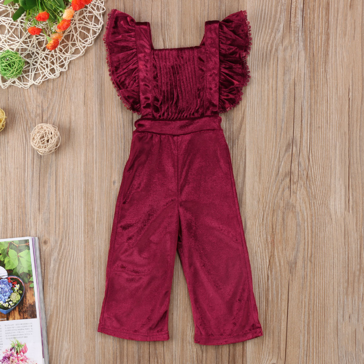 Fashion Kid Baby Girls Clothes Flying Sleeves Ruffles Backless Velvet Overalls Romper Jumpsuit Playsuit BibPants Toddler Outfits Set B11
