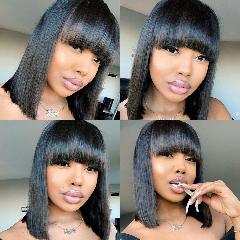 Ishow Short Bob Wigs Loose Body Afro Kinky Curly Peruvian None Lace Wig Straight Human Hair Wigs with Bangs for Women All Ages Natural Color 8-14inch