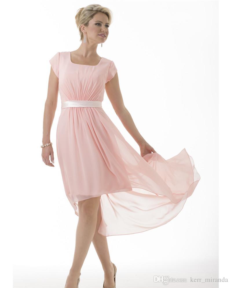Hot Pink Modest Bridesmaid Dresses Long With Short Sleeves Chiffon Cap Sleeves Short Front Long Back Country Bridesmaids Prom Dresses