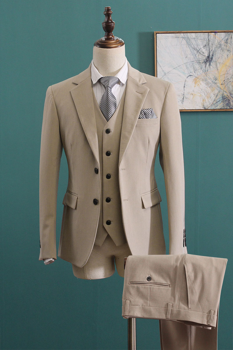 High Quality Two Buttons Beige Wedding Groom Tuxedos Notch Lapel Groomsmen Men Formal Prom Suits (Jacket+Pants+Vest+Tie) W167