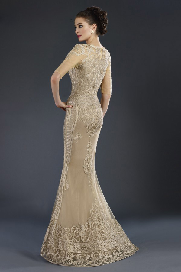 Sexy Janique Mermaid Mother of The Bride Dresses Scoop Half Sleeve Lace Applique Wedding Guest Dress Sweep Train Evening Gowns