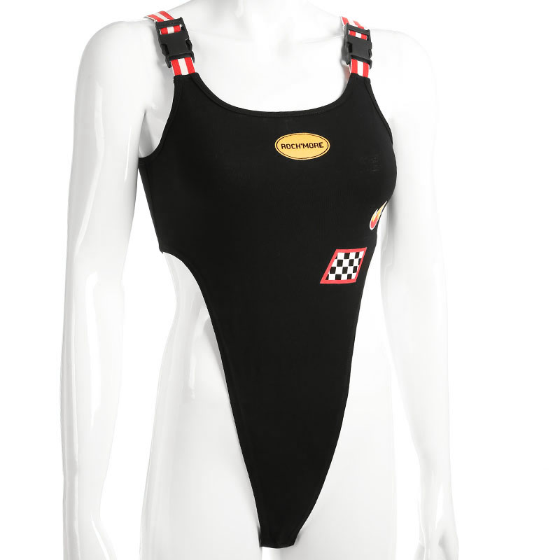 Sexy Strappy Bodysuit Women Checkerboard And Fire Print Body Mujer Black Striped Patchwork High Waist Bodycon Bodysuits