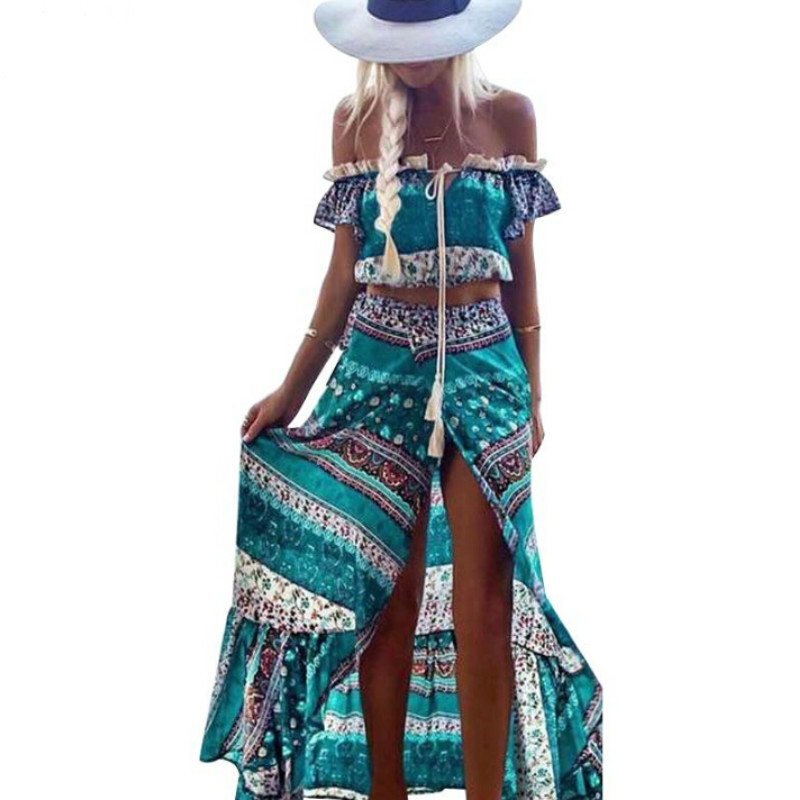 2020 Summer Bohemian Two Piece Set Off Shoulder Sexy Crop Top High Waist Long Skirt Vintage Boho Women Suits Top And Skirt, Green
2020 Summer Bohemian Two Piece Set Off Shoulder Sexy Crop Top High Waist Long Skirt Vintage Boho Women Suits Top And Skirt, Green