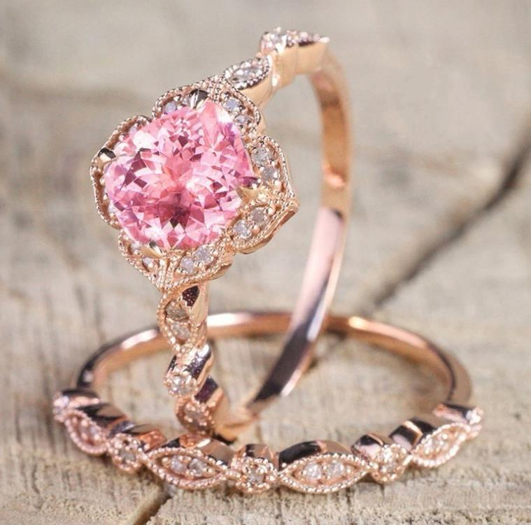 Morganite Rings For Women Engagement Anniversary Band Ring Set Pink Gemstone Valentine's Gift Y19051602