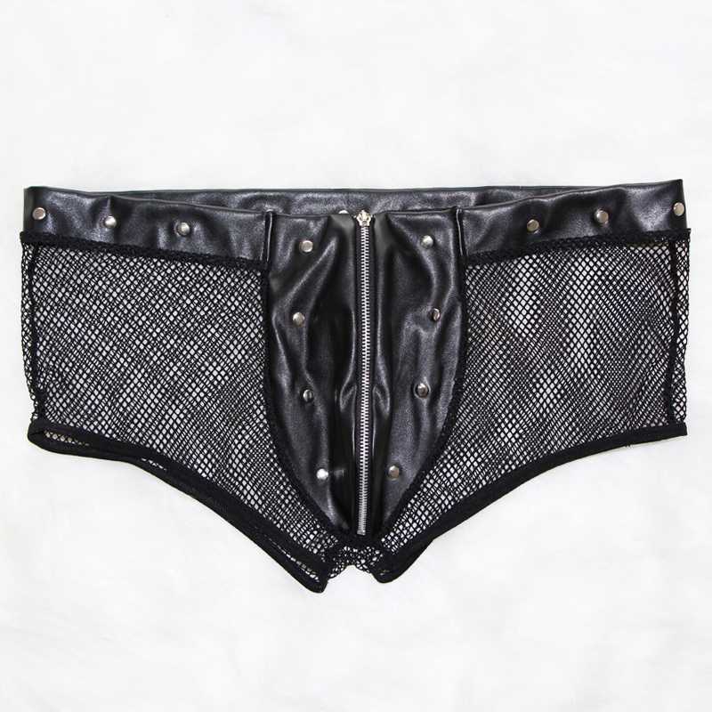 Men Leather Fishnet Patchwork Boxer Shorts Cueca Underwear Male Gay Hollow Out Net Leather Sexy Trunks Boxers Panties Underpants