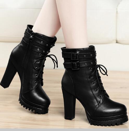 Hot Sale-Black Leather Motorcycle Boots For Women High Platform Thick Heel Ankle Boots Stylish Cool Shoes Christma