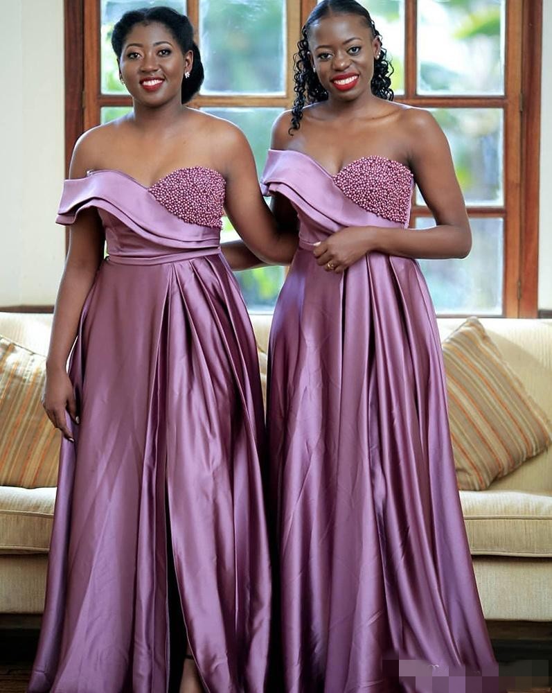 Bridesmaid 2020 Purple Dresses Satin Off The Shoulder Ruffles Beaded Pearls Side Slit African Plus Size Maid Of Honor Gown Wedding Guest