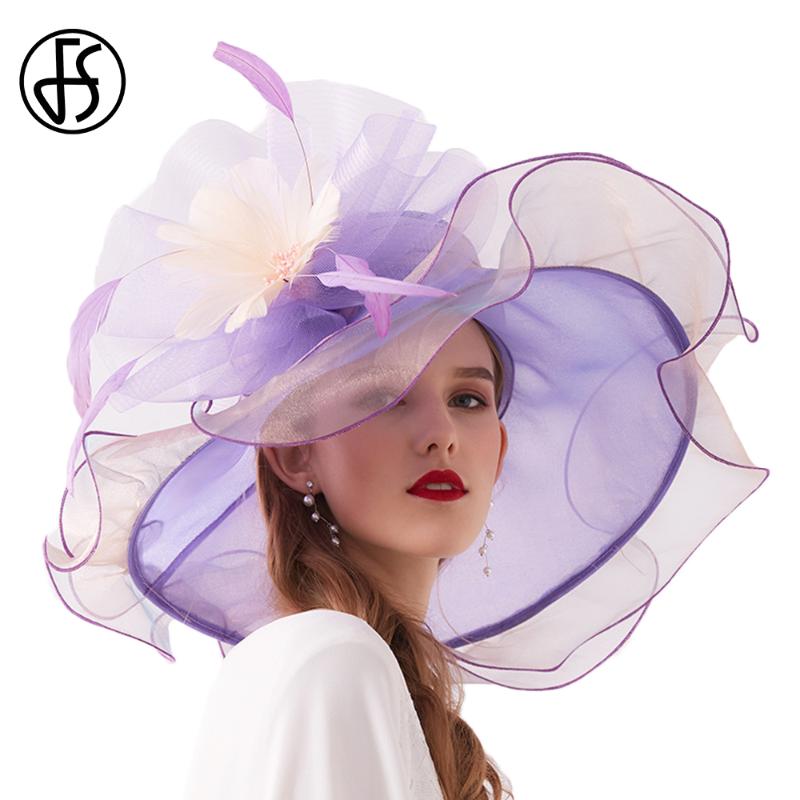 FS 2020 New Women Hats For Elegant Summer Hat Ladies Party Cap Large Brim Fedoras With Flower Chapeu Feminino
