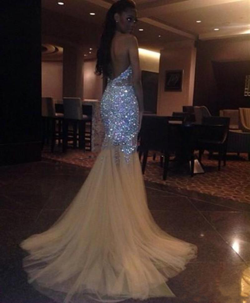 Stunning Bling Bling Crystals Mermaid Prom Dresses Long African Girls Sexy Backless Evening Gowns Halter V Neck Beaded Sweep Train