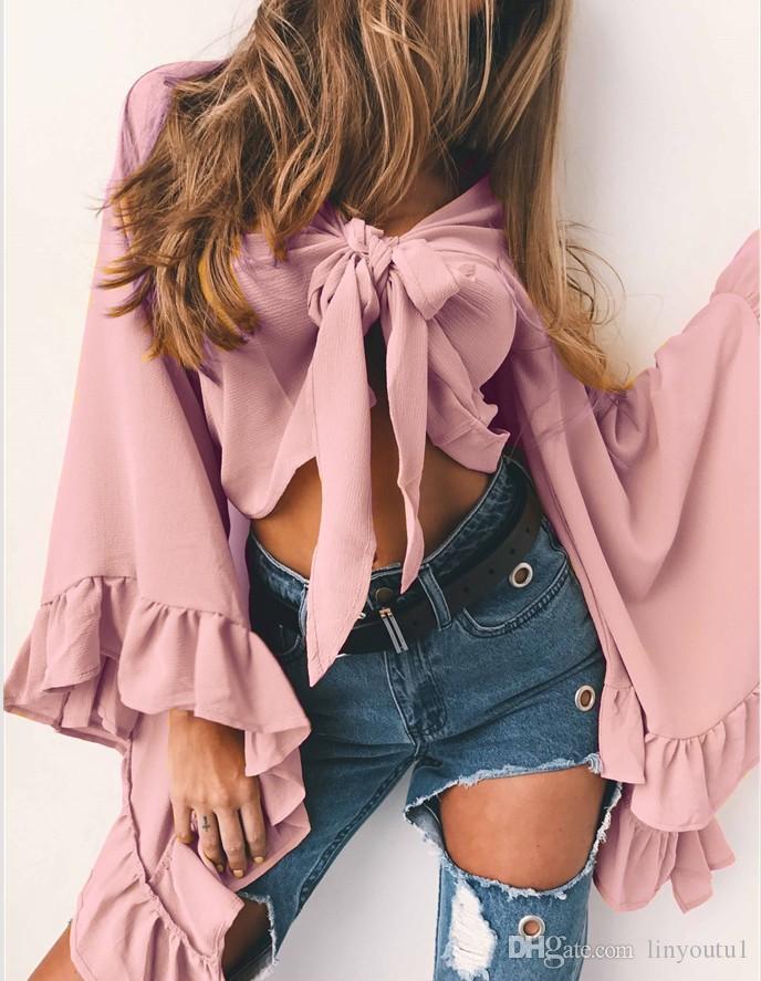 2020 Summer Beach Knot Chiffon Women Blouse Cover Up Sexy V Neck Petal Sleeve Shirt Casual Crop Tops for Female Black