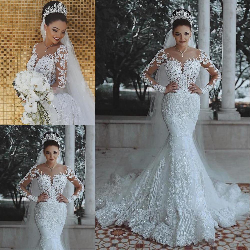 Mermaid Wedding Dresses for Girls Women Sheath Long Sleeves Bride Bridal Gowns Lace Appliques Beach Scoop Neck Customize Made Plus Size