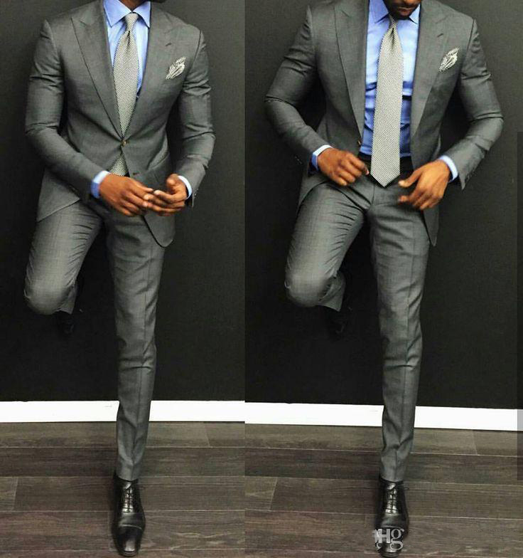 Grey Business Men Suits Two Pieces (Blazer+Pant) Prom Party Suits With Peaked Lapel One Button Wedding Bridegroom Tuxedos