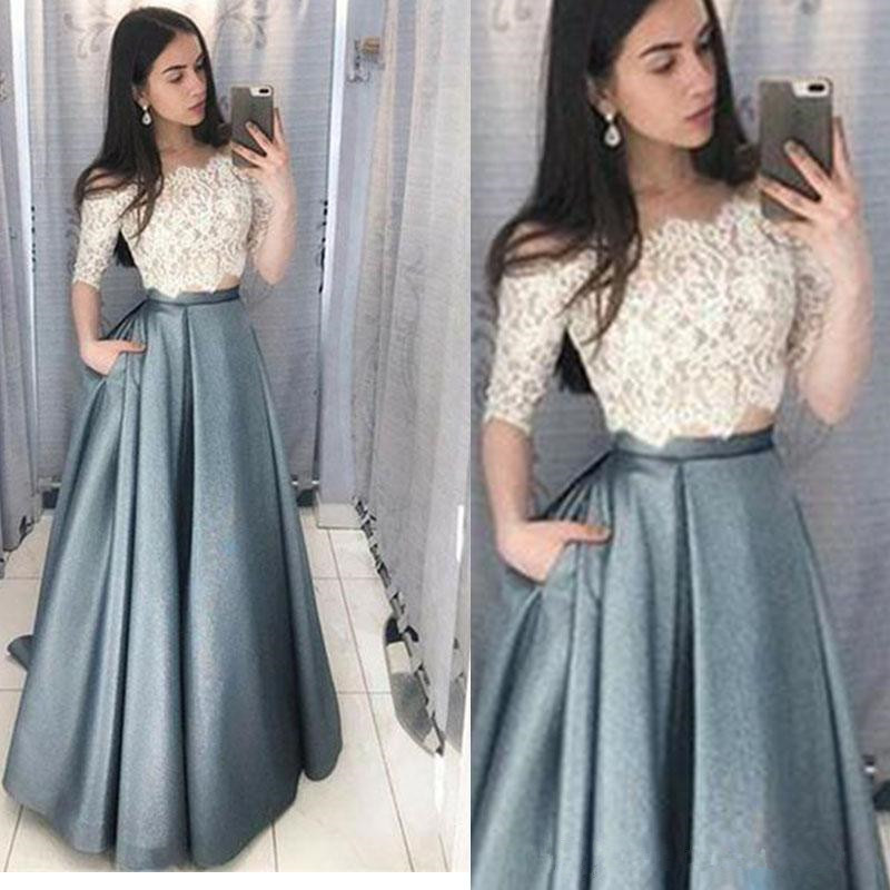 Sexy formal evening dress handmade elegant two piece set satin prom dresses gowns custom sizing plus size long with half sleeve