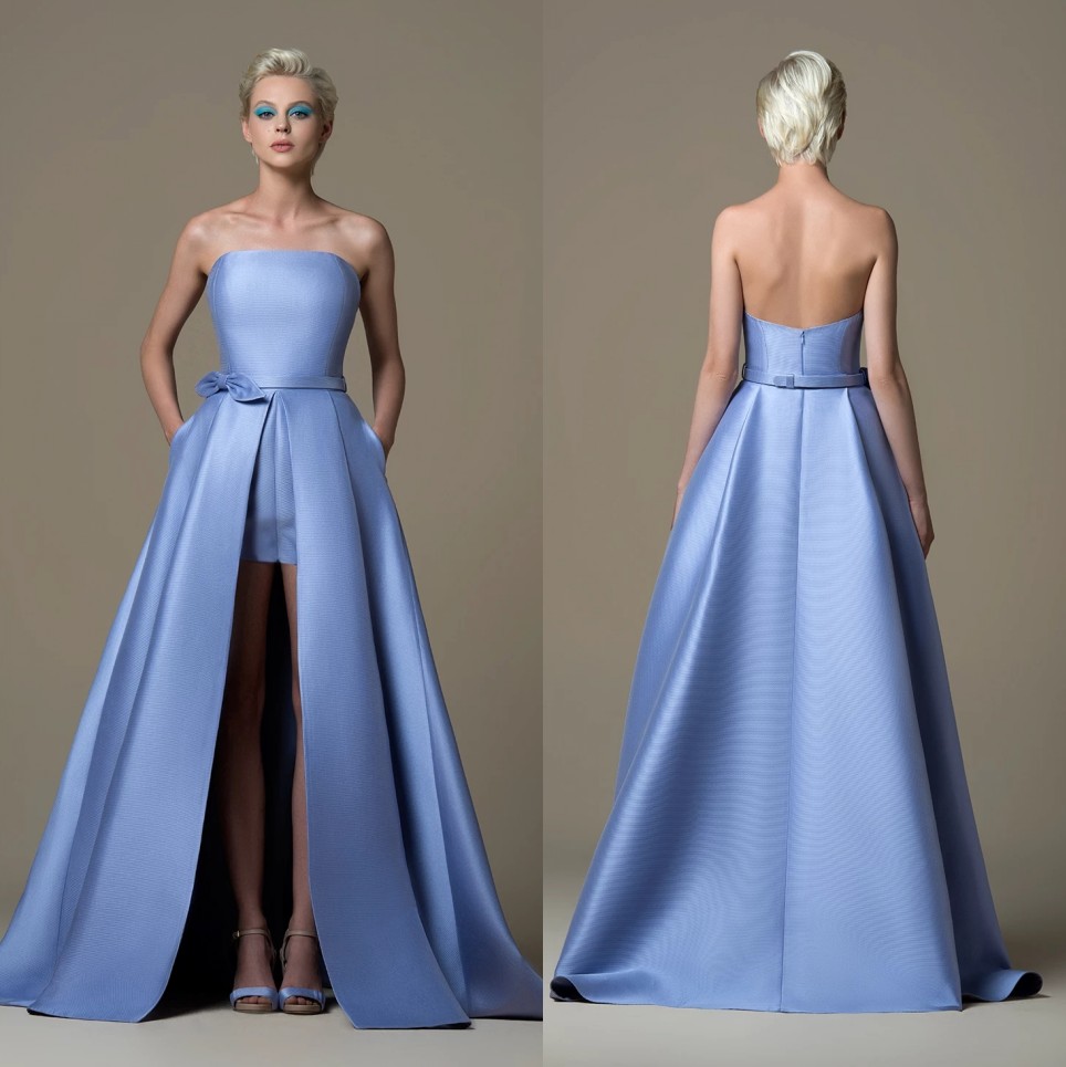 A e Fashion Front Split Prom Dresses Strapless Neck Formal Dress or Length Satin Evening Gowns