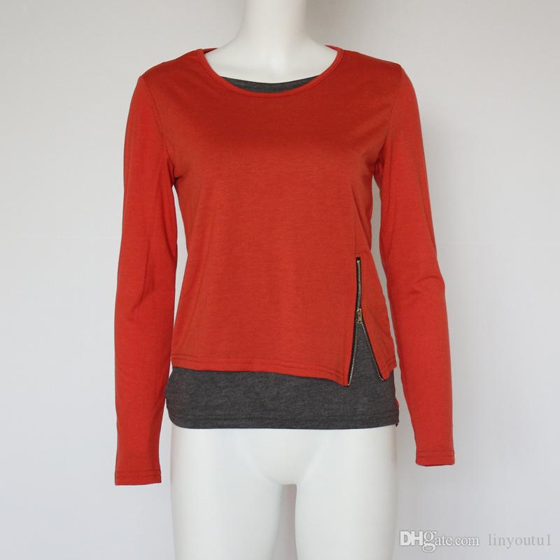 2020 Women t shirt Casual Long Sleeve Tops Zipper Fake Two Pieces Tee Shirt Fashion Ladies Tunic Tops Plus Size 5XL