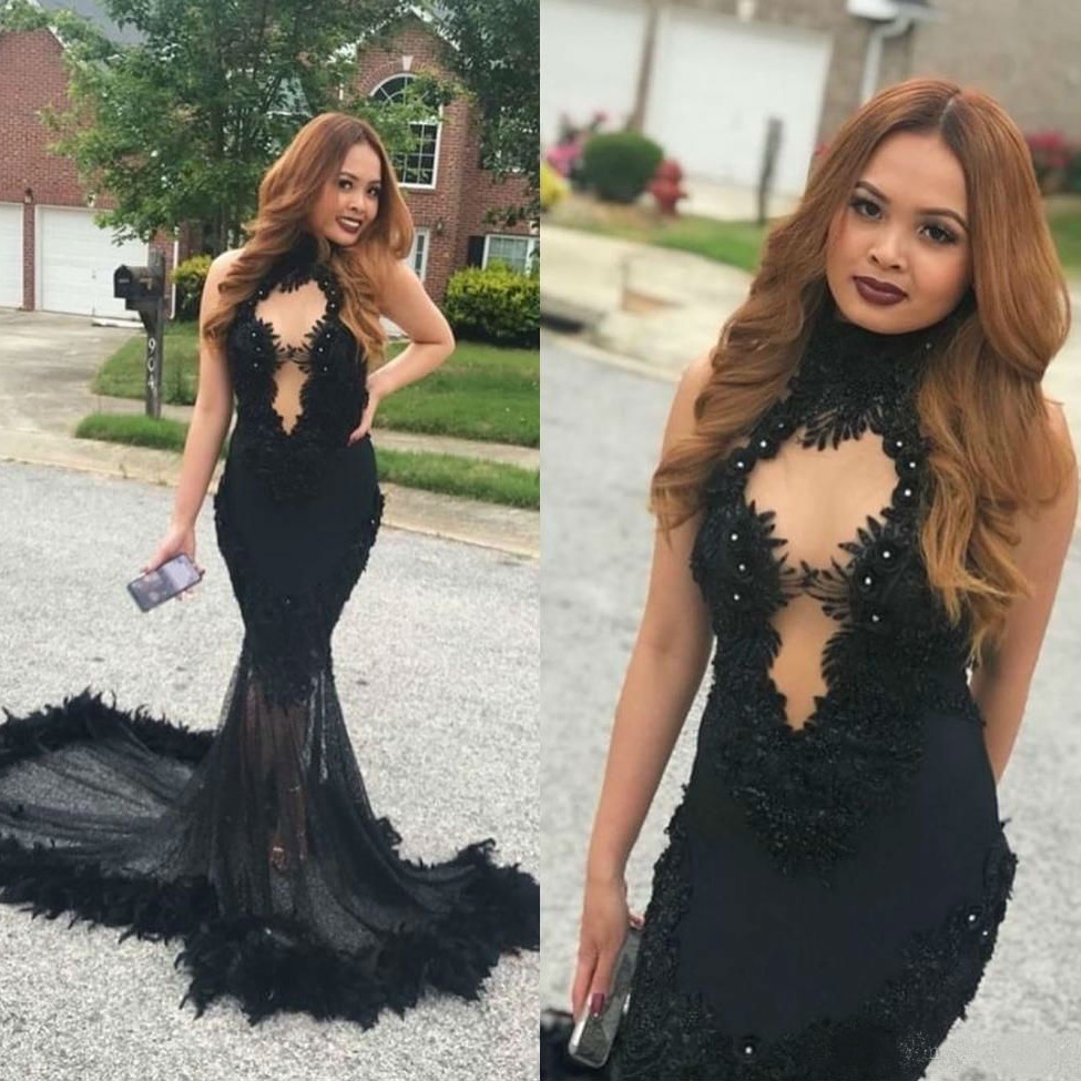 2019 Sexy Black Mermaid Prom Dresses with Feather High Neck Lace Appliques African Formal Evening Gowns Cocktail Party Dresses