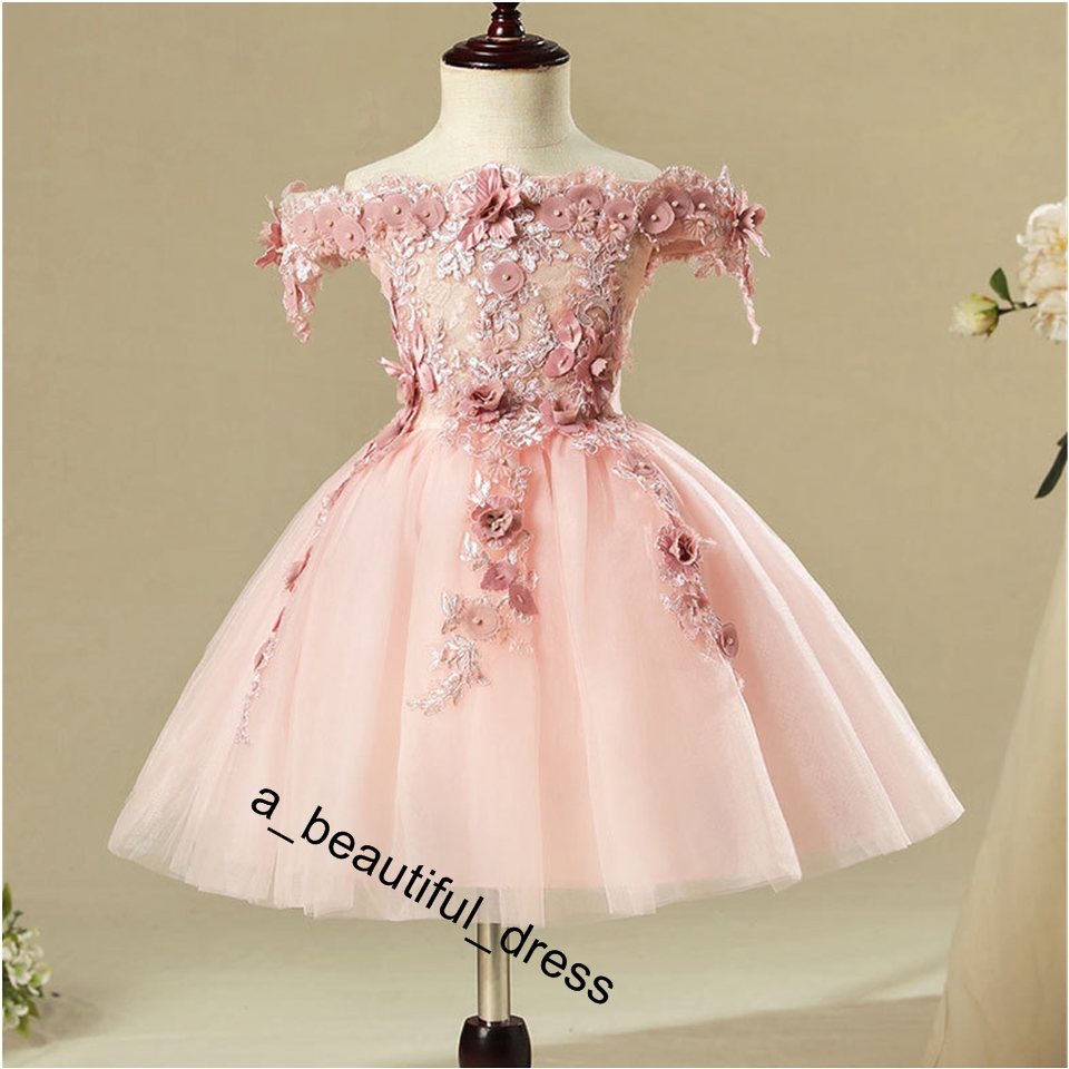 Pink Bead Decoration Long Flower Girl Dress New Girl Ball Gown pageant Wedding Party Exchange Dress Ball Beauty Sexy Shoulder Dress FG1269