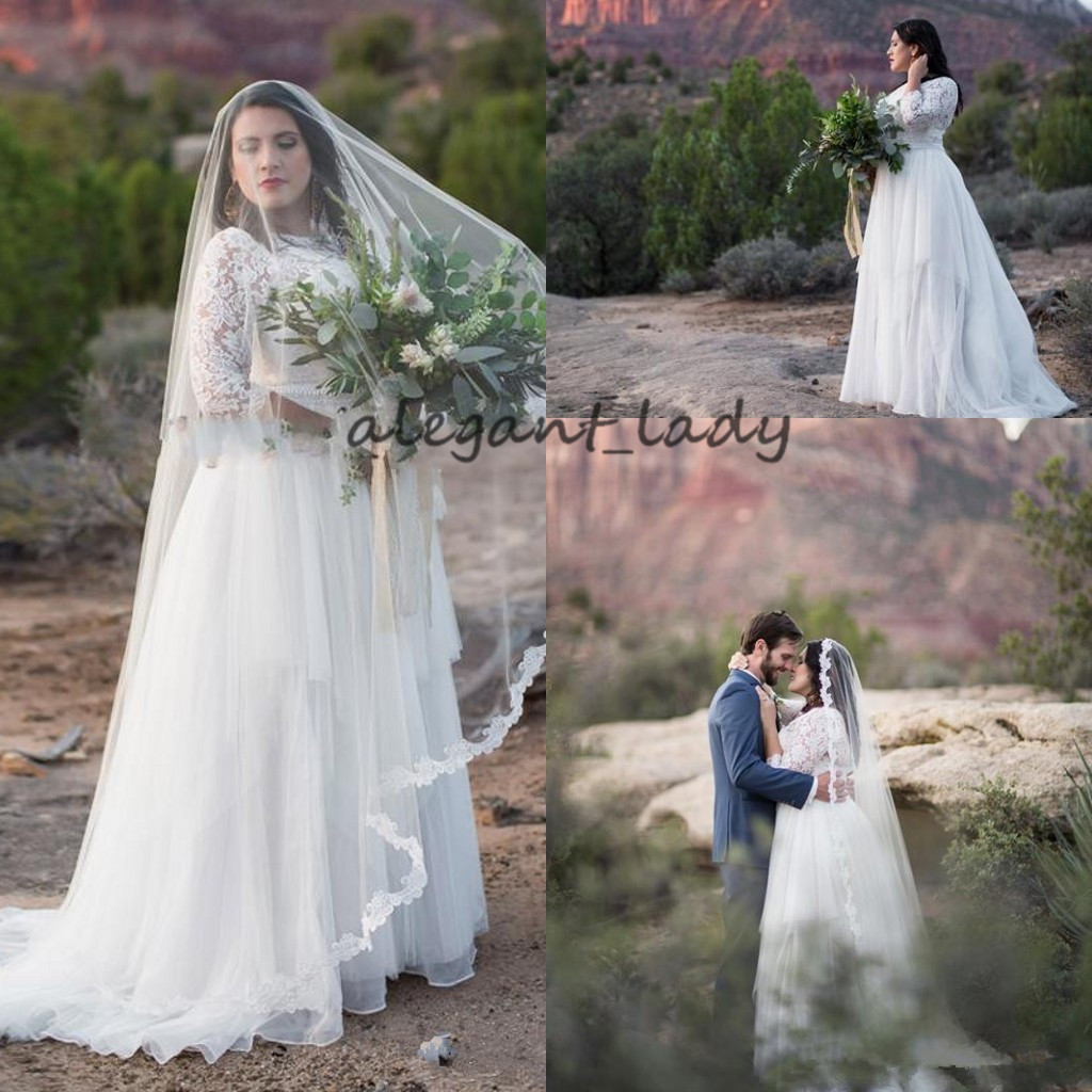 Plus Size Bohemian Wedding Dresses with 3/4 Long Sleeve 2019 Vintage Lace Tulle full Length Country Garden Bridal Gowns Wedding Dress