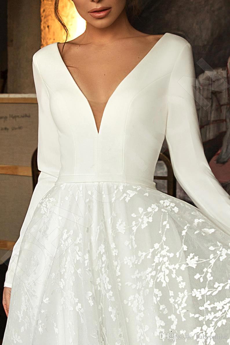Elegant Newest Sexy Lace Dresses Deep V Neck Long Sleeve Backless Satin Wedding Dress Bridal Gowns Appliques Robe De Mariee