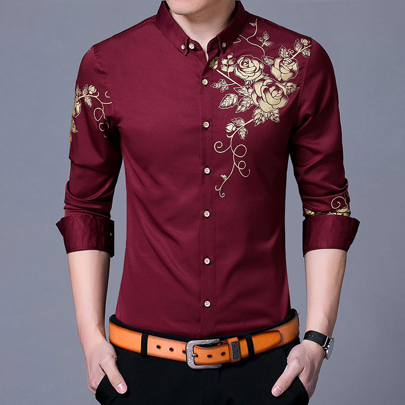 Golden Rose Flower Print Black Shirt Men 2018 Autumn New Slim Fit Long Sleeve Mens Dress Shirts Casual Button Down Chemise Homme