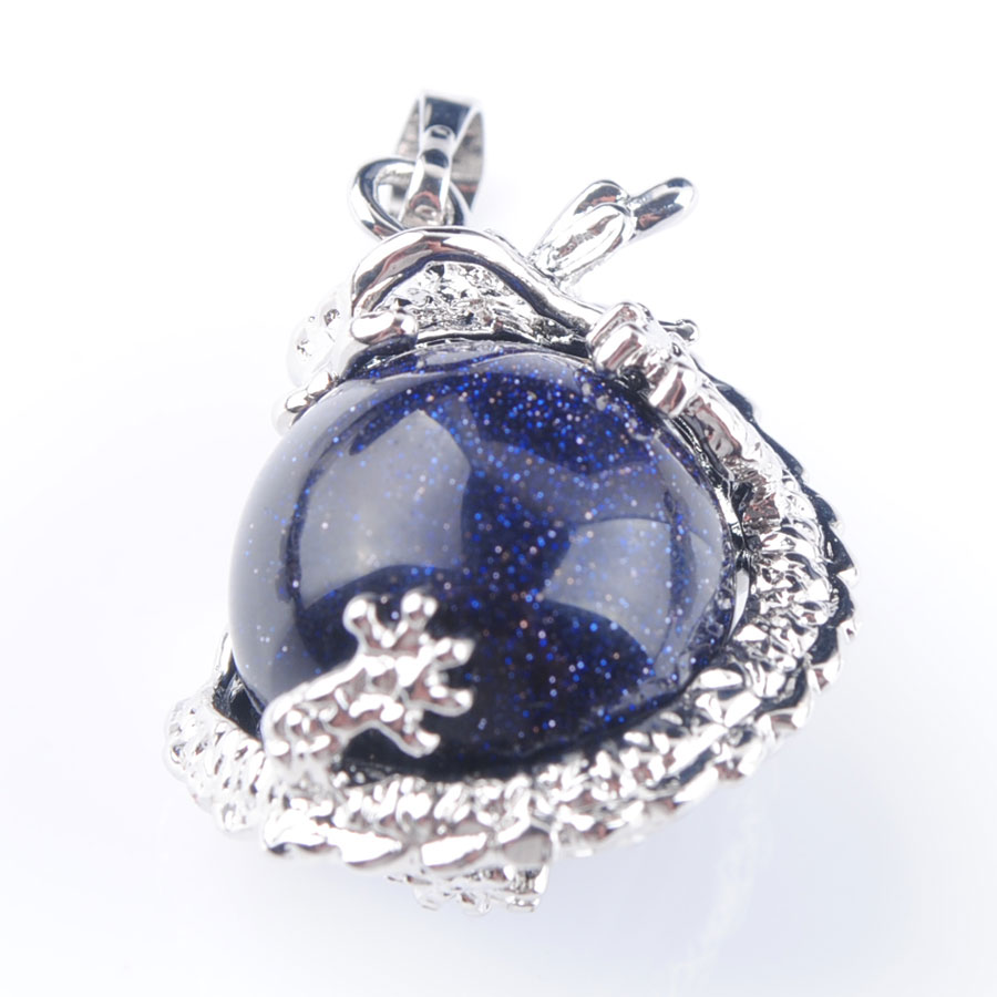 WOJIAER Dragon Stainless Pendant Gothic Handmade Men Jewelry Round Natural Blue Sand Gemstone Ball N3138