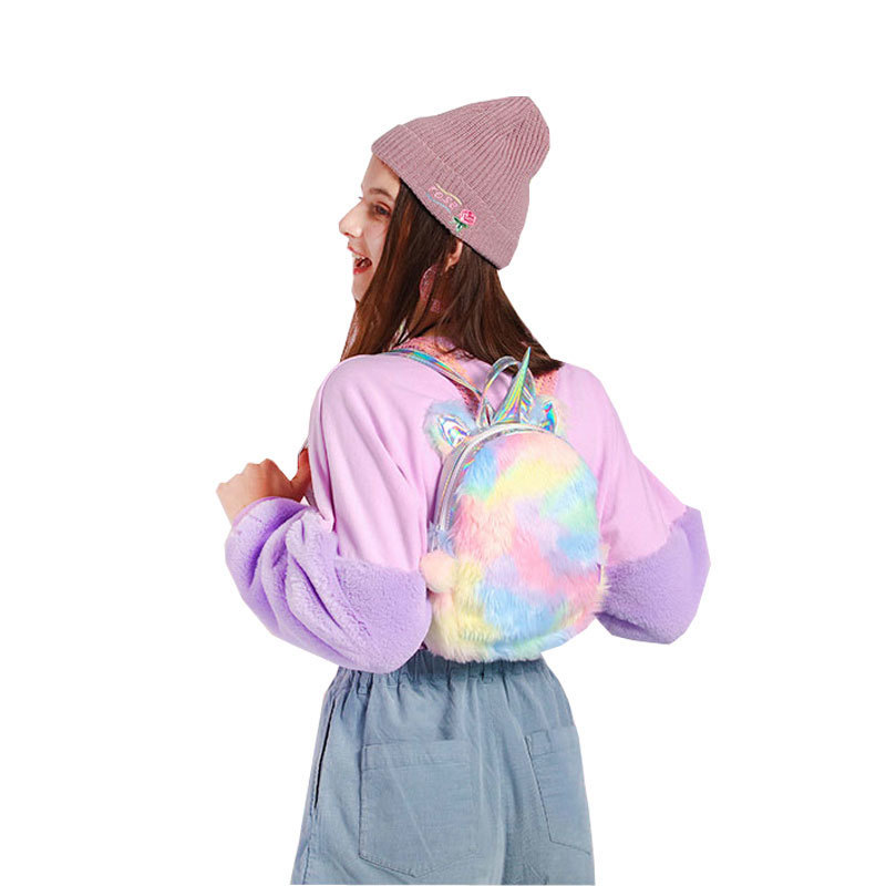 Plush Unicorn Hologram Backpacks Women Laser Mini Double Shoulder Bag Kawaii Lolita Student Rainbow Fur Backpack with Cute Ear Y18110202