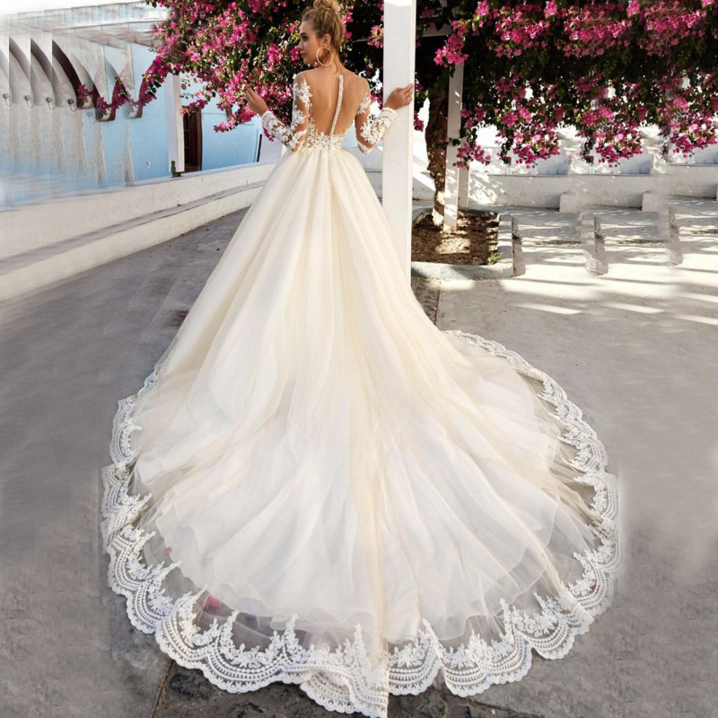 A-line Wedding Dresses 2020 Vestidos De Novia Tulle Long Sleeve Appliques Lace Skin Color Transparent Bridal Gowns