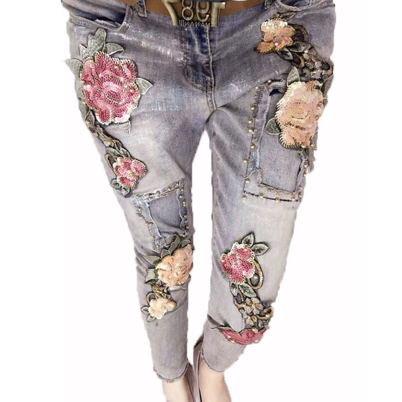 3D Flower Jeans Sequins Beading Trousers Stretch 2017 Fashion Female Embroidered Flares Jeans, Blue
3D Flower Jeans Sequins Beading Trousers Stretch 2017 Fashion Female Embroidered Flares Jeans, Blue