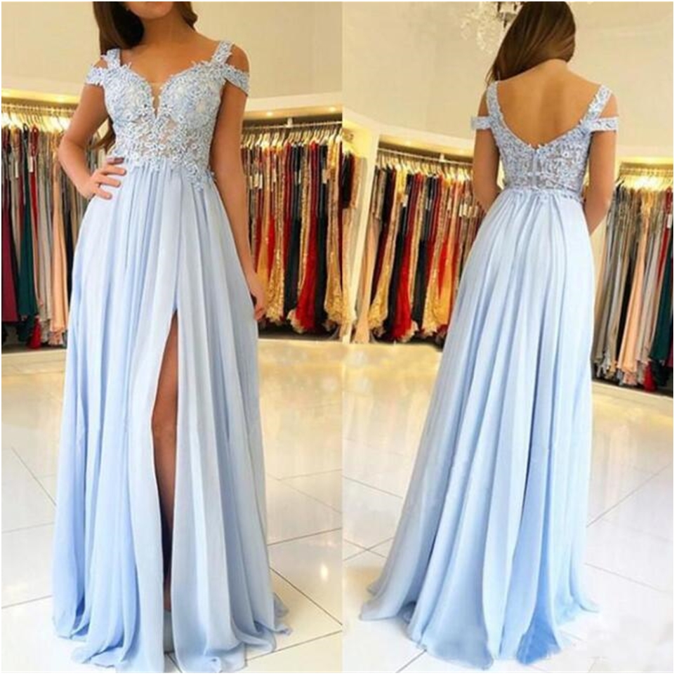 2020 Sky Blue Bridesmaid Dresses With Side Split Off The Shoulder Lace Appliques Chiffon Wedding Guest Dresses Cheap Maid Of Honor Gowns