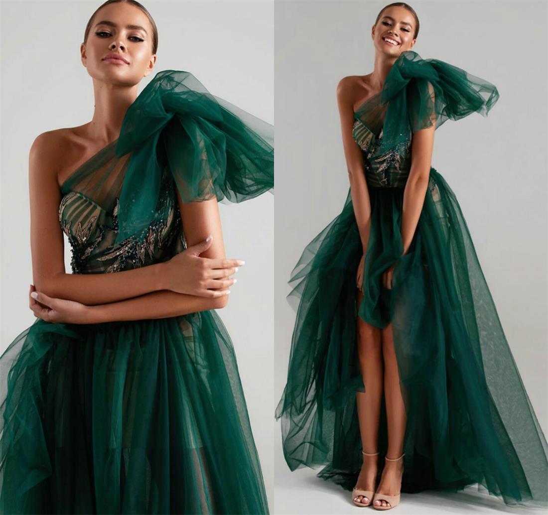 Sexy Dark Green Prom Dresses Cheap Tulle Appliqued Beaded Formal Evening Dress 2020 A Line Arabic Special Robes De Soirée