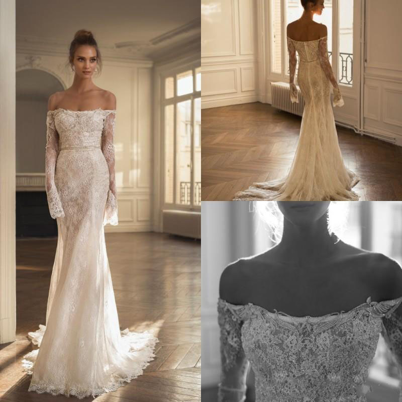 Vintage Mermaid Wedding Dresses 2020 Long Sleeve Illusion Bodice Lace Appliques Bridal Gowns Off Shoulder Custom Made robe de mariée