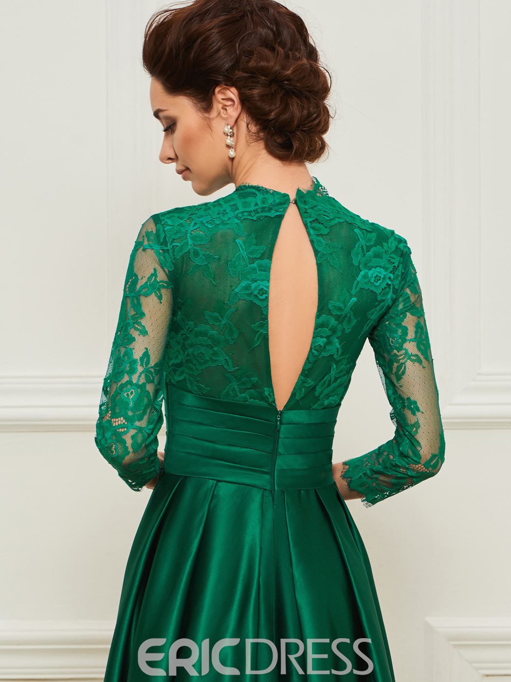 Modest Ericdress Mermaid Mother of The Bride Dresses Jewel 3/4 Long Sleeve Hollow Wedding Guest Dress Lace Applique Sweep Train Evening Gown