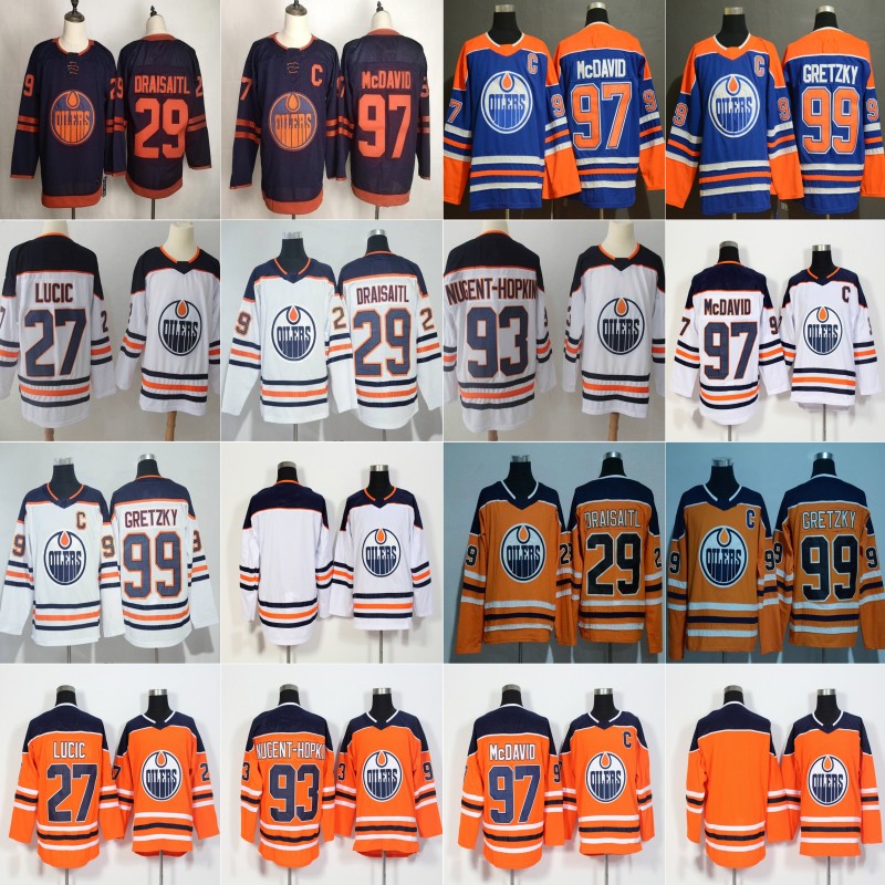 

2020 Third Edmonton Oilers 29 Leon Draisaitl 97 Connor McDavid 99 Wayne Gretzky 27 Milan Lucic 93 Ryan Nugent-Hopkins Jersey Blue Orange, As pic