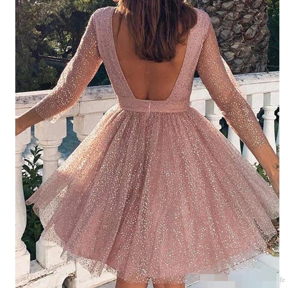2021 Pink Short Prom Dresses Rose Gold Sequins Scoop Neck Backless 3/4 Long Sleeves Custom Made Evening Party Gown Plus Size