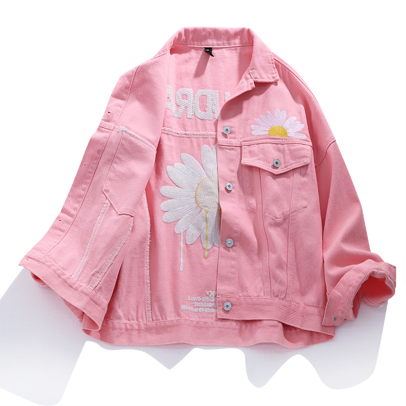 2020 Spring Purple Pink Streetwear Floral Embroidery Women Denim Jacket Korean Casual Loose Jeans Coat Female Outwear Tops CY200515
