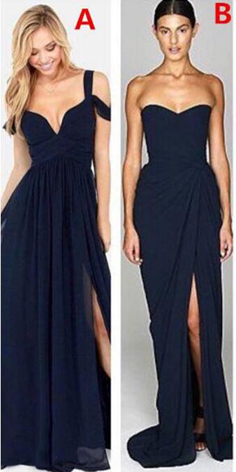 2020 New Fashion Dark Navy Blue Chiffon Beach Bridesmaid Dresses with Split Different Style Junior Bridesmaids Dress Custom Make Cheap Gown