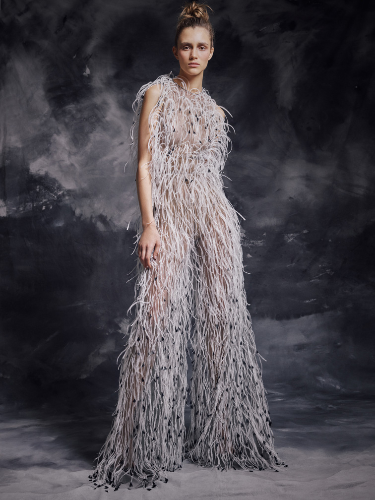 2020 Modest Krikor Jabotian Elegant Jumpsuit High Neck Sleeveless Evening Dresses Feather Tulle Formal Dresses Floor Length Party Gowns