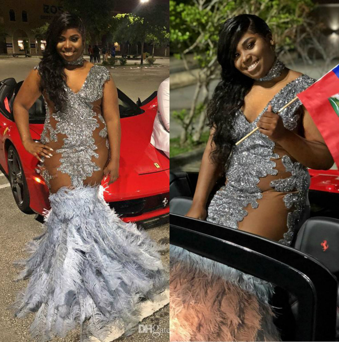 South African Plus Size Prom Dresses Gray Feather Silver Beads Sequined Mermaid Evening Dress High Neck Illusion Custom Made Party Dress