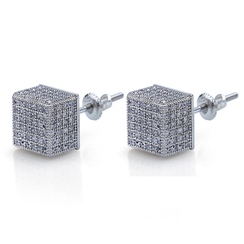 Geometric Fashion Earrings for Men  Gold-Plated Square Studs with White Zircon Stones