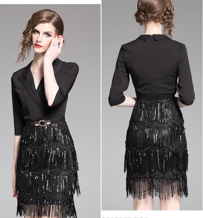 Suit collar 1/2 sleeve black Hepburn style sequined tassel bag hip step skirt summer A-line street style dresses Above Knee short sleeve
Suit collar 1/2 sleeve black Hepburn style sequined tassel bag hip step skirt summer A-line street style dresses Above Knee short sleeve