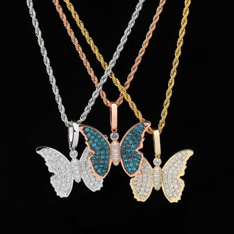 Hip Hop Diamond Stone Charm Butterfly Pendants Necklace Jewelry 18K Real Gold Plated Men Women Lover Gift