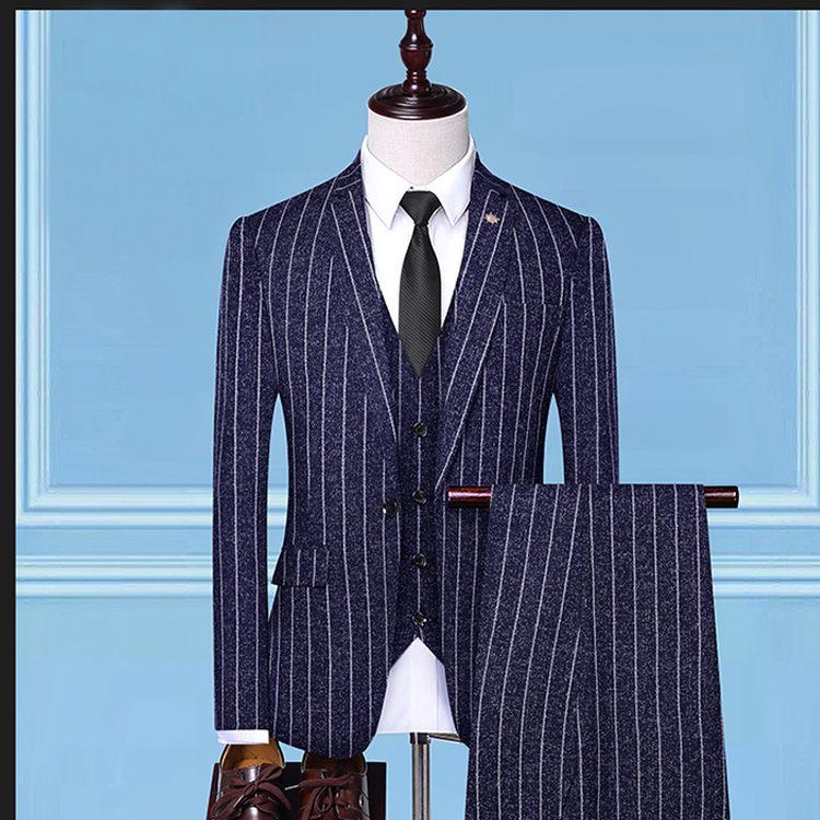 Mens Wedding Suits 3 Pieces Stripe Tweed Fleck One Button Gray Groom Wear Slim Fit New Jacket Blazer