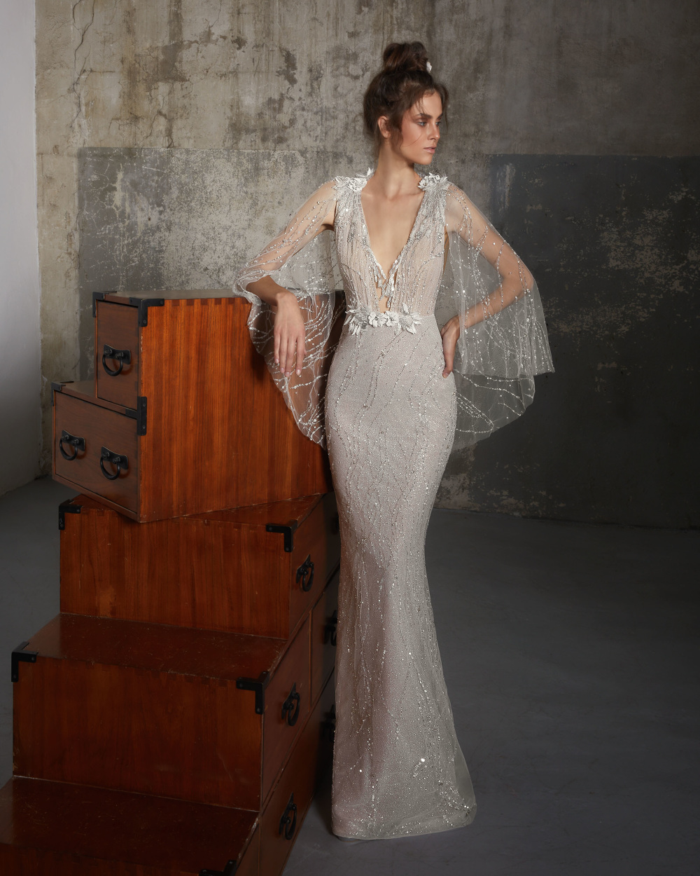 Lior Charchy Mermaid Wedding Dresses With Wrap Deep V Neck Sequined Lace 3D Floral Appliqued Beach Wedding Dress Boho Robe De Mariée