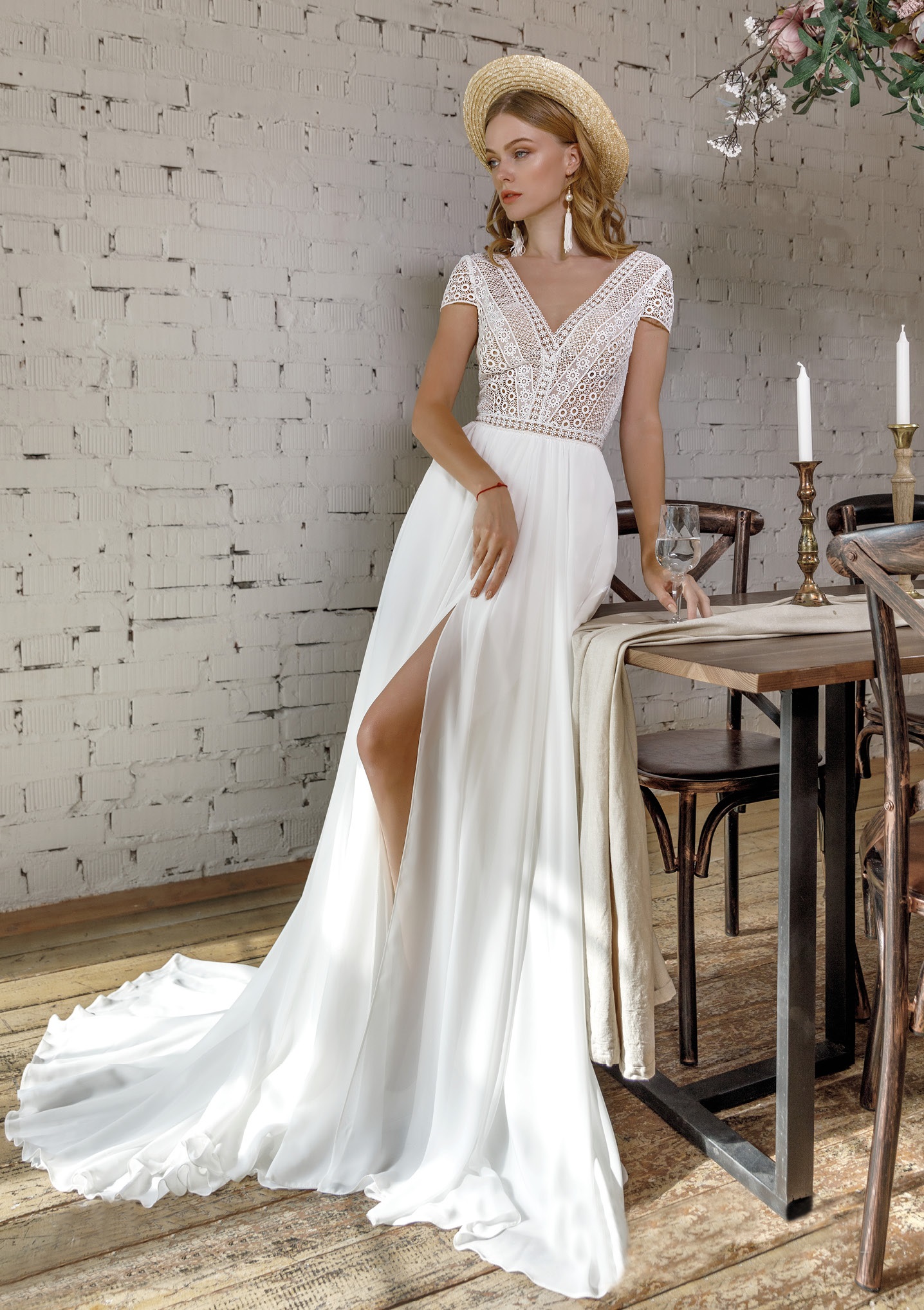 beach bohemian wedding dresses v jewel neck short sleeve front split bridal gowns backless plus size wedding dress
