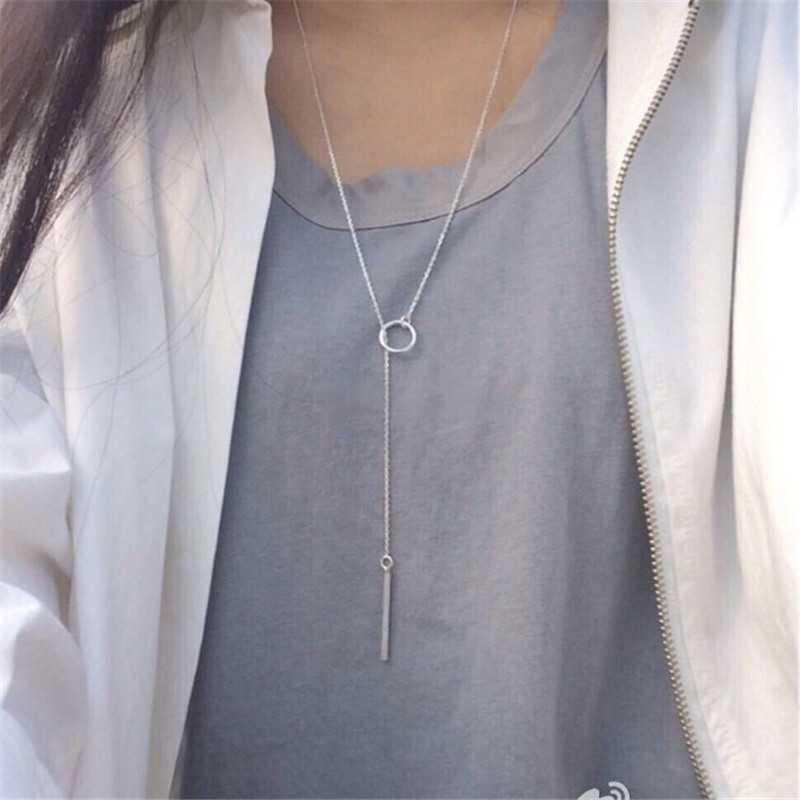 100% 925 Sterling Silver Circle Strip Bar Pendant Necklaces Adjustable Chain Necklaces for Women Wedding Jewelry Gifts Long Chain Necklace